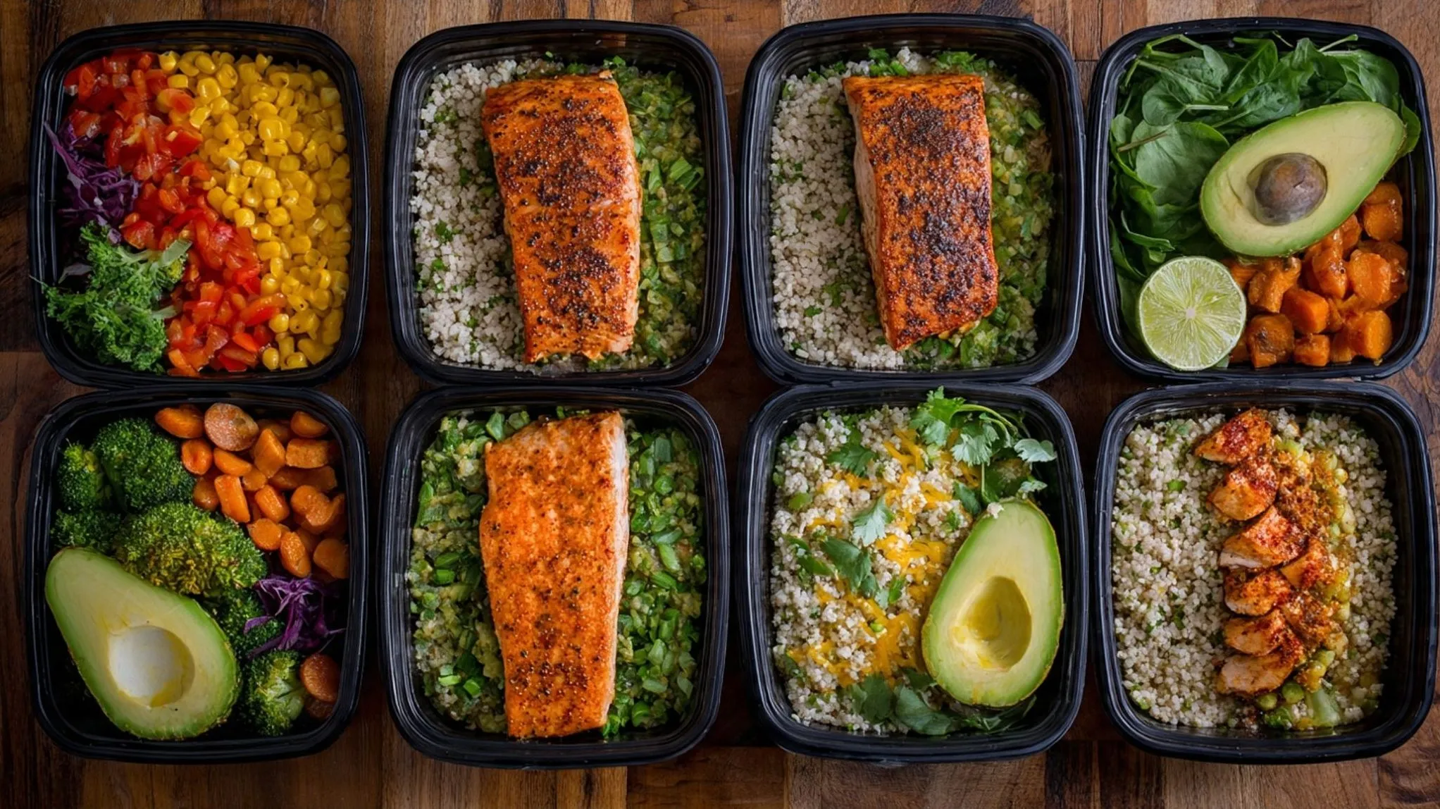 A week of prepped meals in containers, ready to grab and go