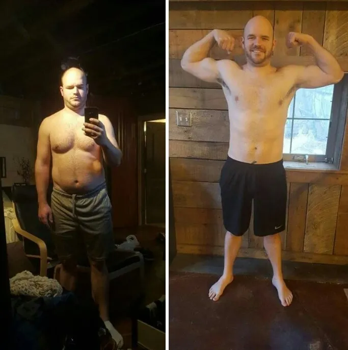 Kyle before and after, down 3 belt sizes in 6 weeks