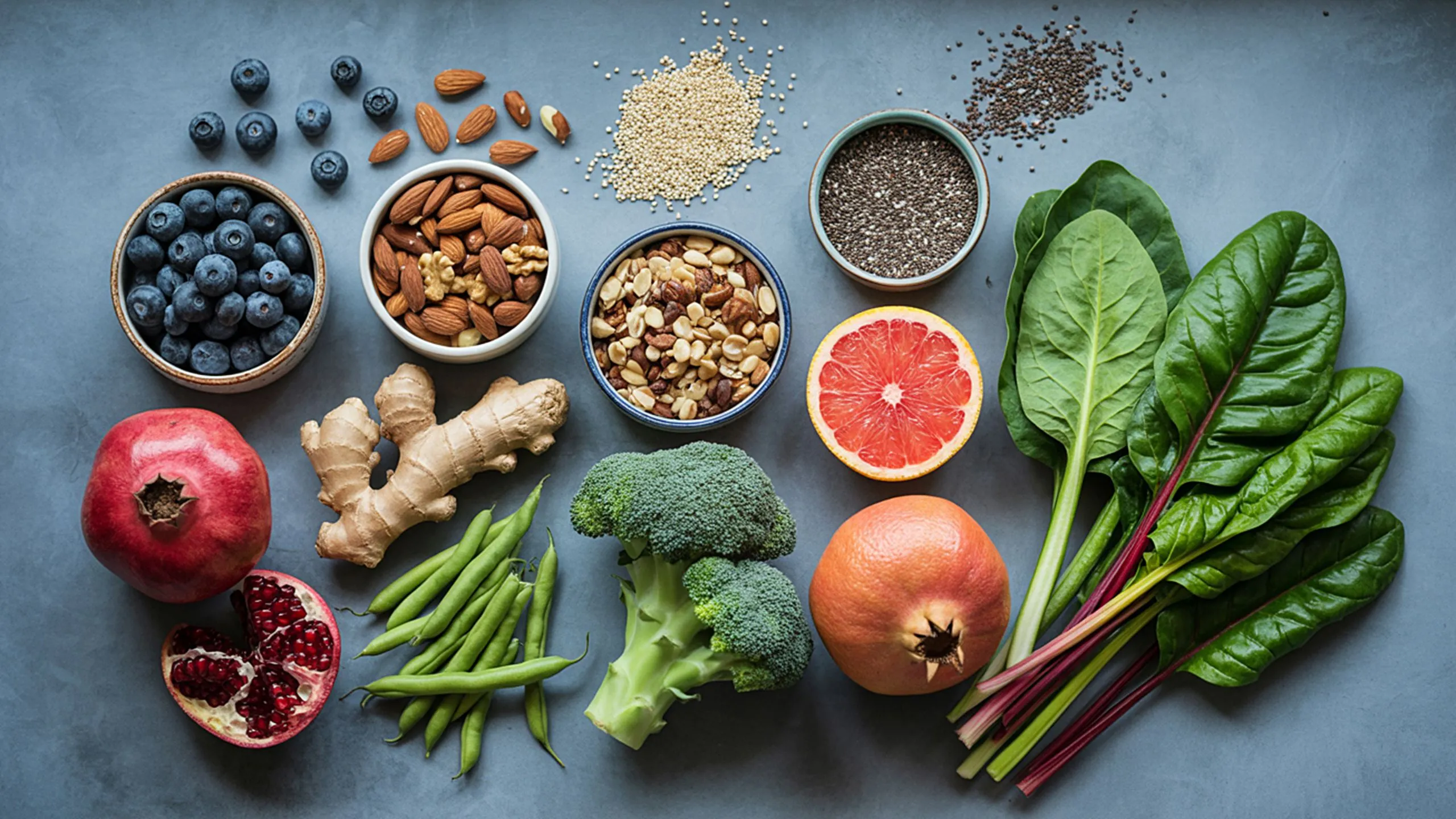 A colorful spread of whole foods: berries, nuts, seeds, greens, and fresh produce